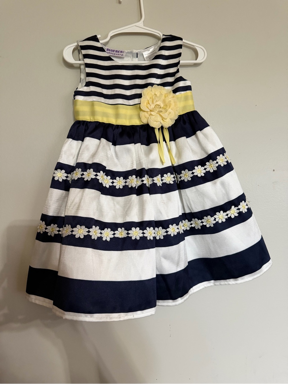 Blueberi Boulevard Navy, White & Yellow Striped Flower Sash Dress